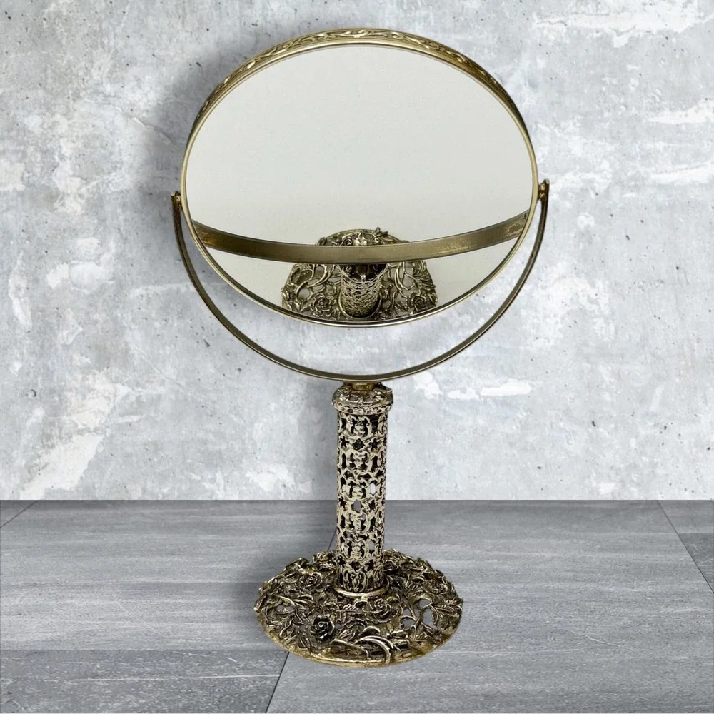 Vtg‎ Japan Gold/Silver Filigree Vanity Mirror Swivel Floral Rose Pedestal Decor